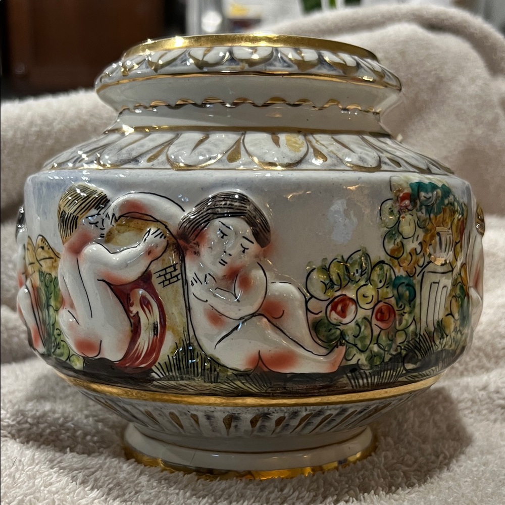 Numbered Porcelain Italian Capodimonte Ornate Vase with Cherub Design